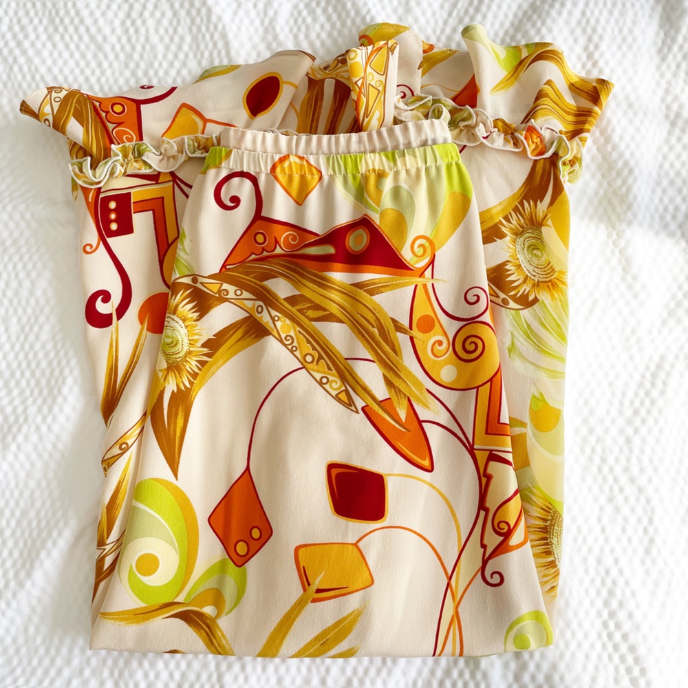 Y2K 100% Silk Printed Midi Ruffle Hem Midi Skirt